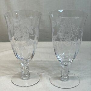 2 Heisey Crystal Rose Iced Tea Footed Goblets Stems Glasses 6 3/4"